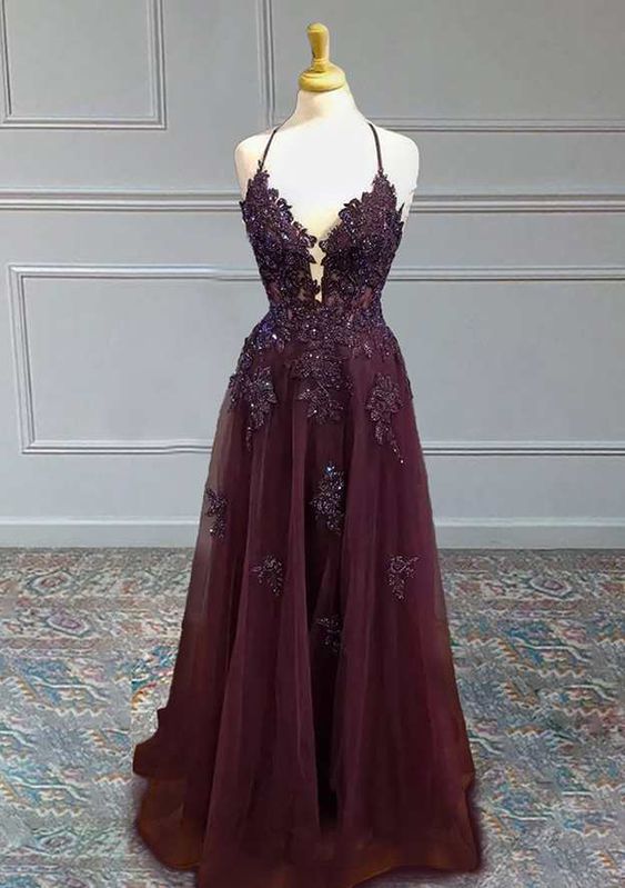 A-LINE V-NECK SPAGHETTI STRAPS TULLE PROM DRESS/EVENING DRESS fg5396