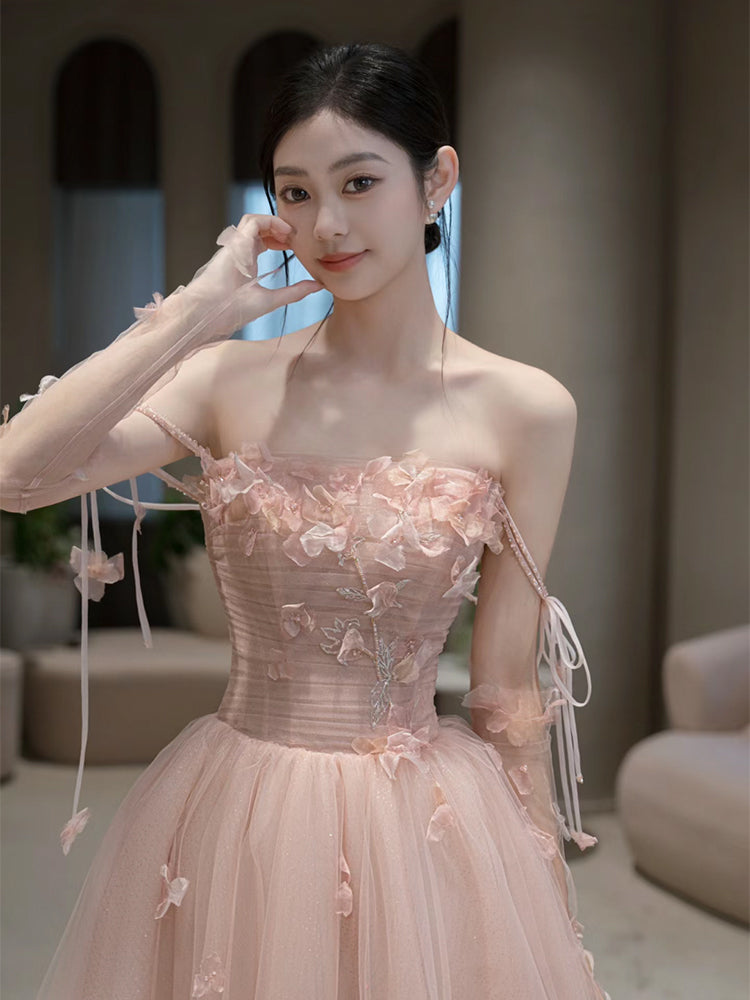 A Line Pink Long Formal Dress Tulle Evening Dresses fg7673