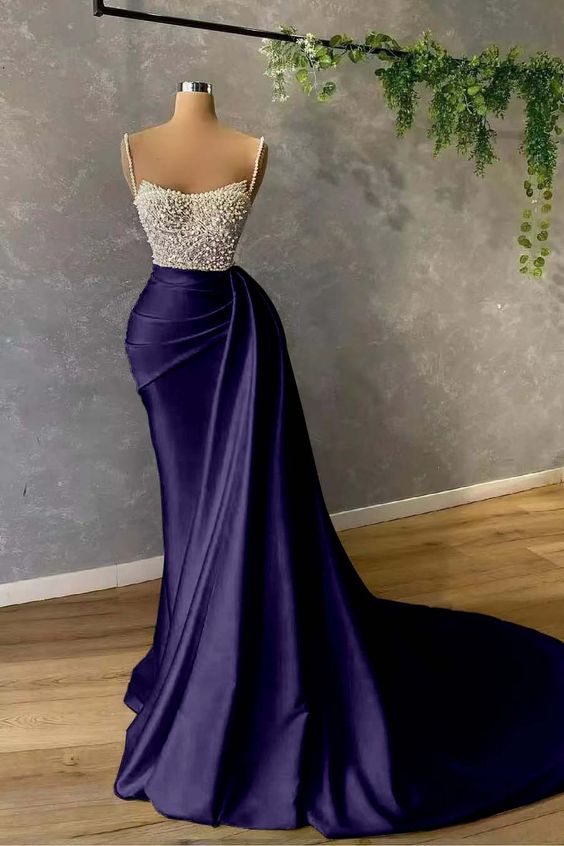 Gorgeous Spaghetti-Straps Pearl Mermaid Evening Dress fg5869