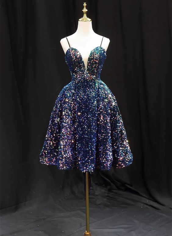 Sequins V-Neckline Short Straps Homecoming Dress, Short Sequins Prom Dress fg5924