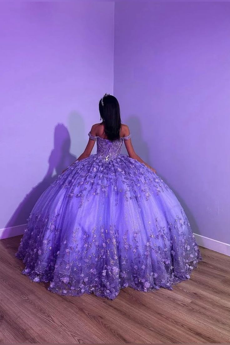 Purple Shiny Puffy Princess Quinceanera Dresses Off Shoulder Beads 3D Floral Gillter Sequins Lace-up Corset Vestidos 15 anos rosa fg5533
