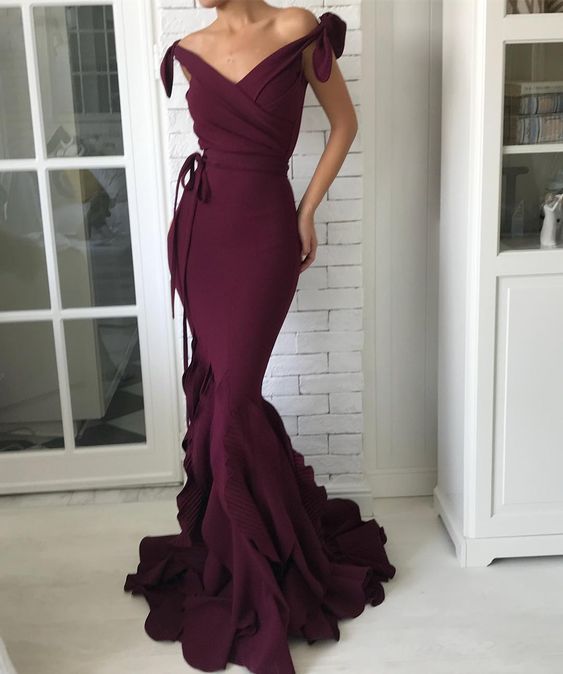 V-Neck Off Shoulder Evening Gown with Elegant Bow Tie at Waist fg6329
