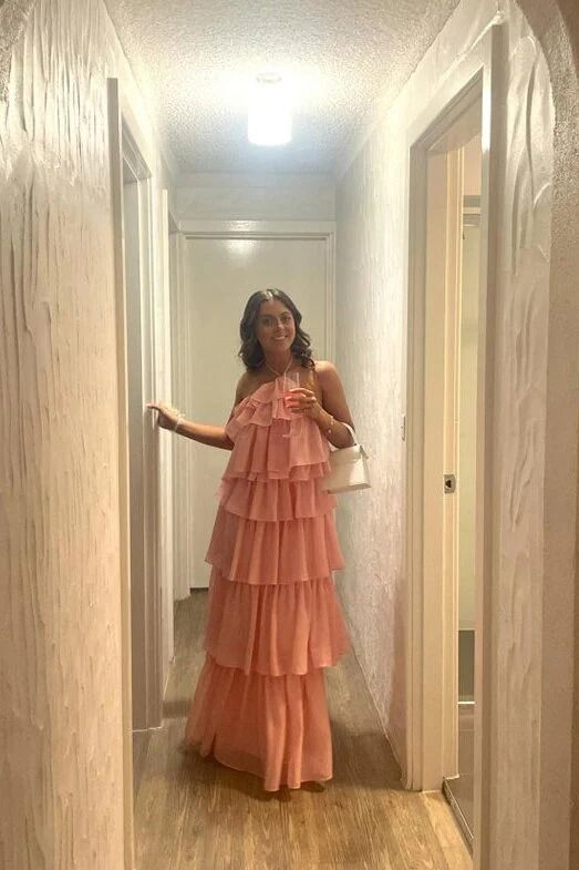 Halter Pink Layer Long Prom Dress Chiffon Birthday Dress fg6405