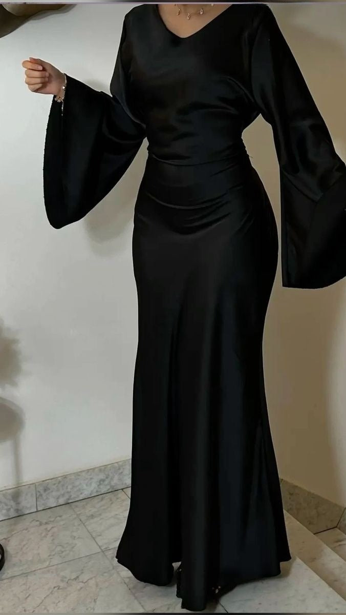 Vintage long satin black dress for women, elegant evening dress fg7495