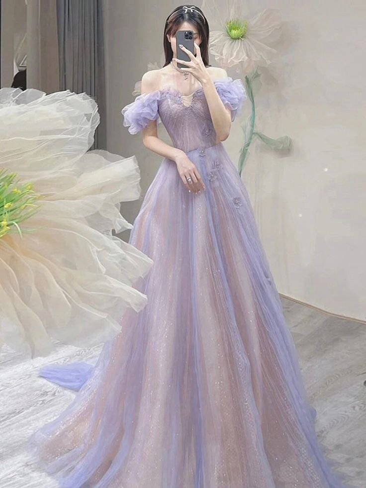 A-Line Off Shoulder Purple Tulle Long Prom Dress, Purple Formal Dress fg5416