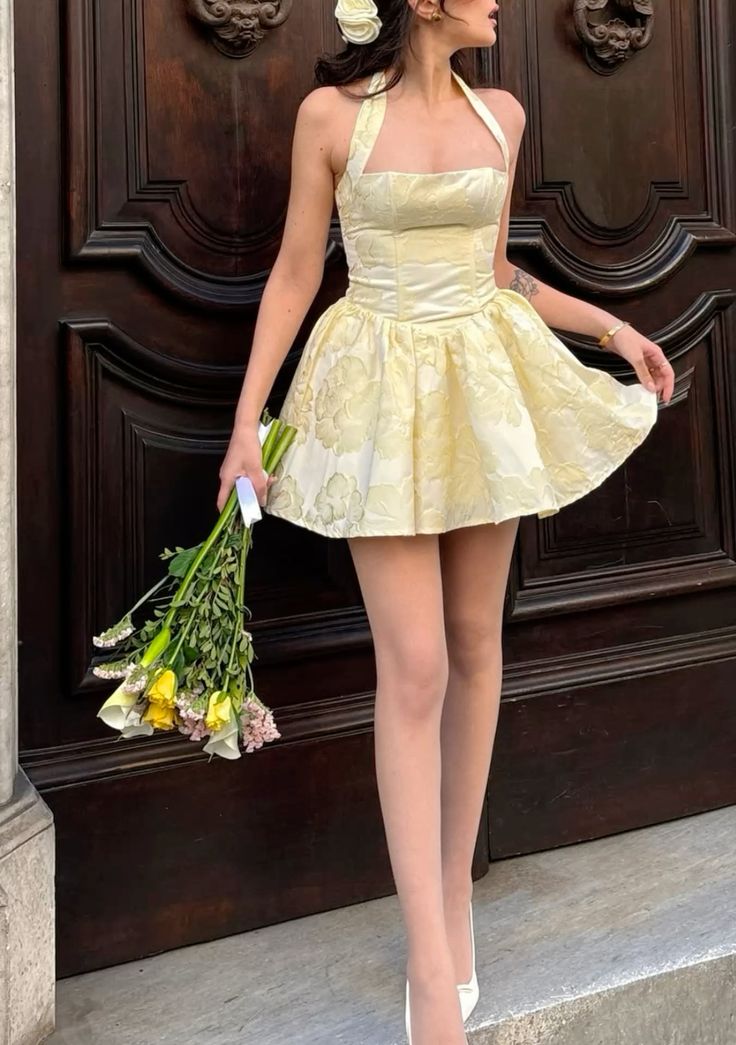 A Line Yellow Halter Short Evening Dress Homecoming Dress Short Party Dress fg7802