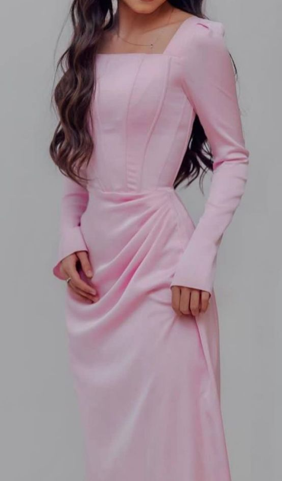 Classy Pink Square Neckline Evening Dress with Long Sleeves fg7554