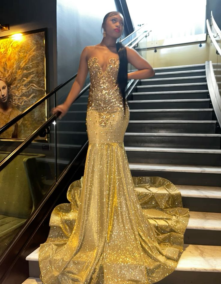 Gold Mermaid Sparkly Long Prom Dresses Formal Evening Dress fg7548
