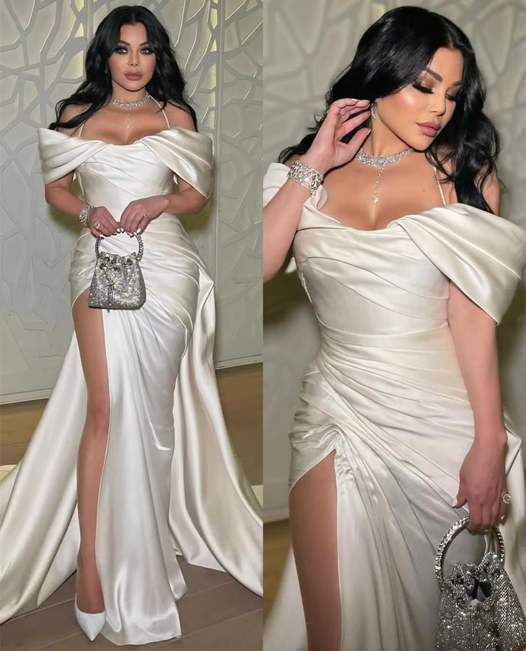 Vintage long satin pleated dress for women, elegant evening dress fg7491