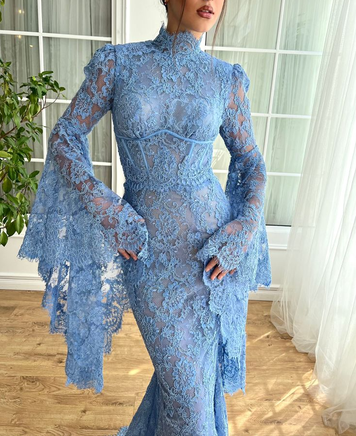 High Neck Mermaid Evening Dress for Women Flare Sleeves Blue Lace Long Prom Dresses fg7571