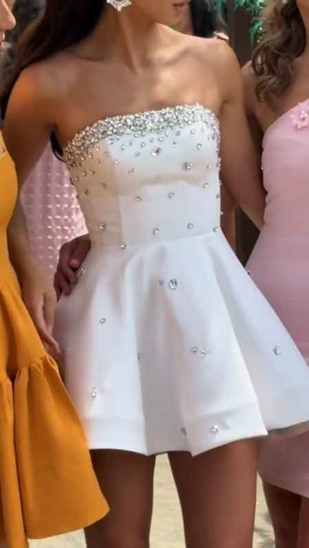 White Strapless A Line Unique Homecoming Dress Sparkly Party Dress fg7545