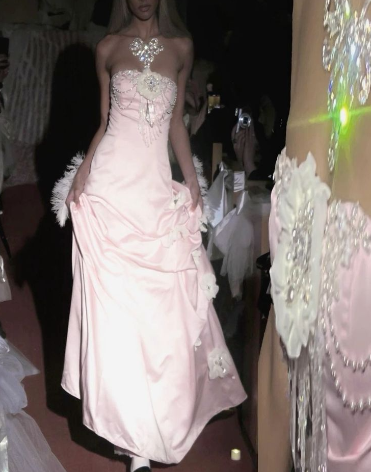 Pink Strapless Satin Long Prom Dresses Evening Dress With Flowers fg7076