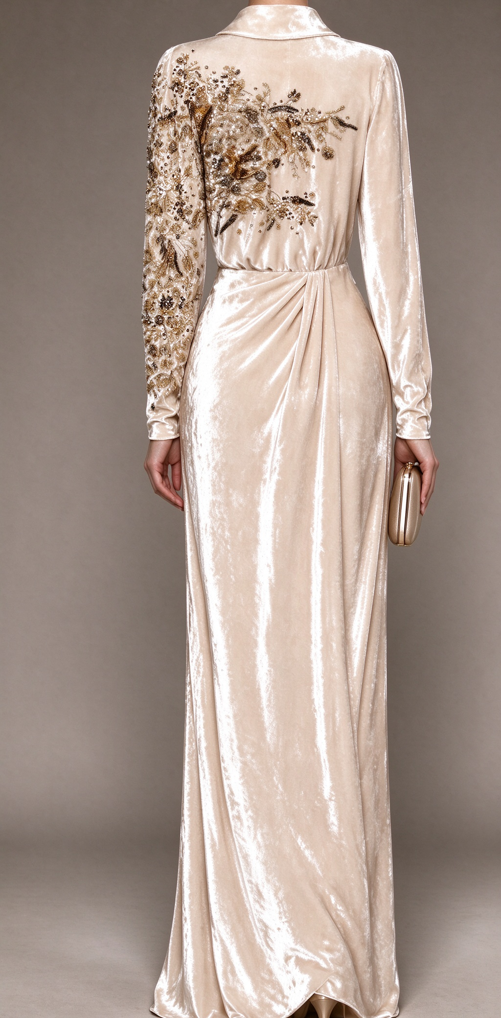 Champagne Velvet Long Sleeve Evening Gown With Gold Beaded Embroidery fg8982