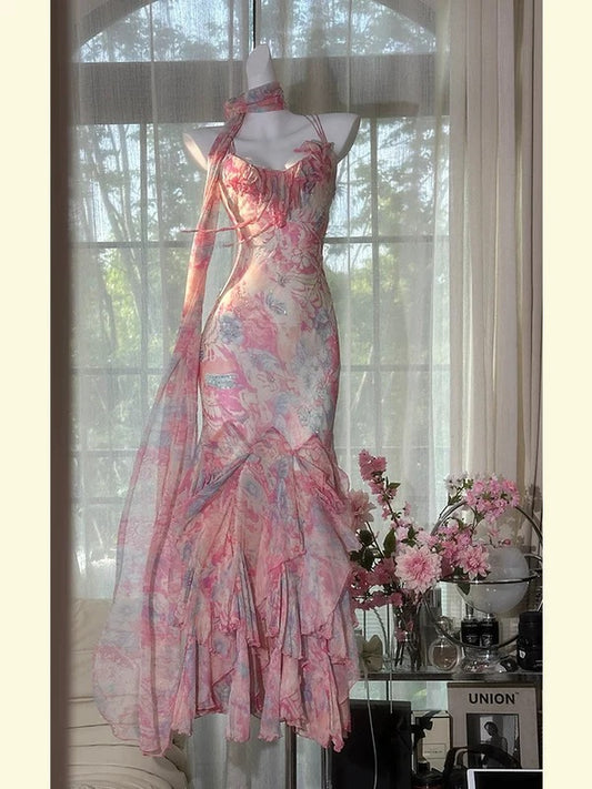 Sexy Spaghetti Straps Sleeveless Mermaid Pink Floral Chiffon Long Prom Dresses    fg4946