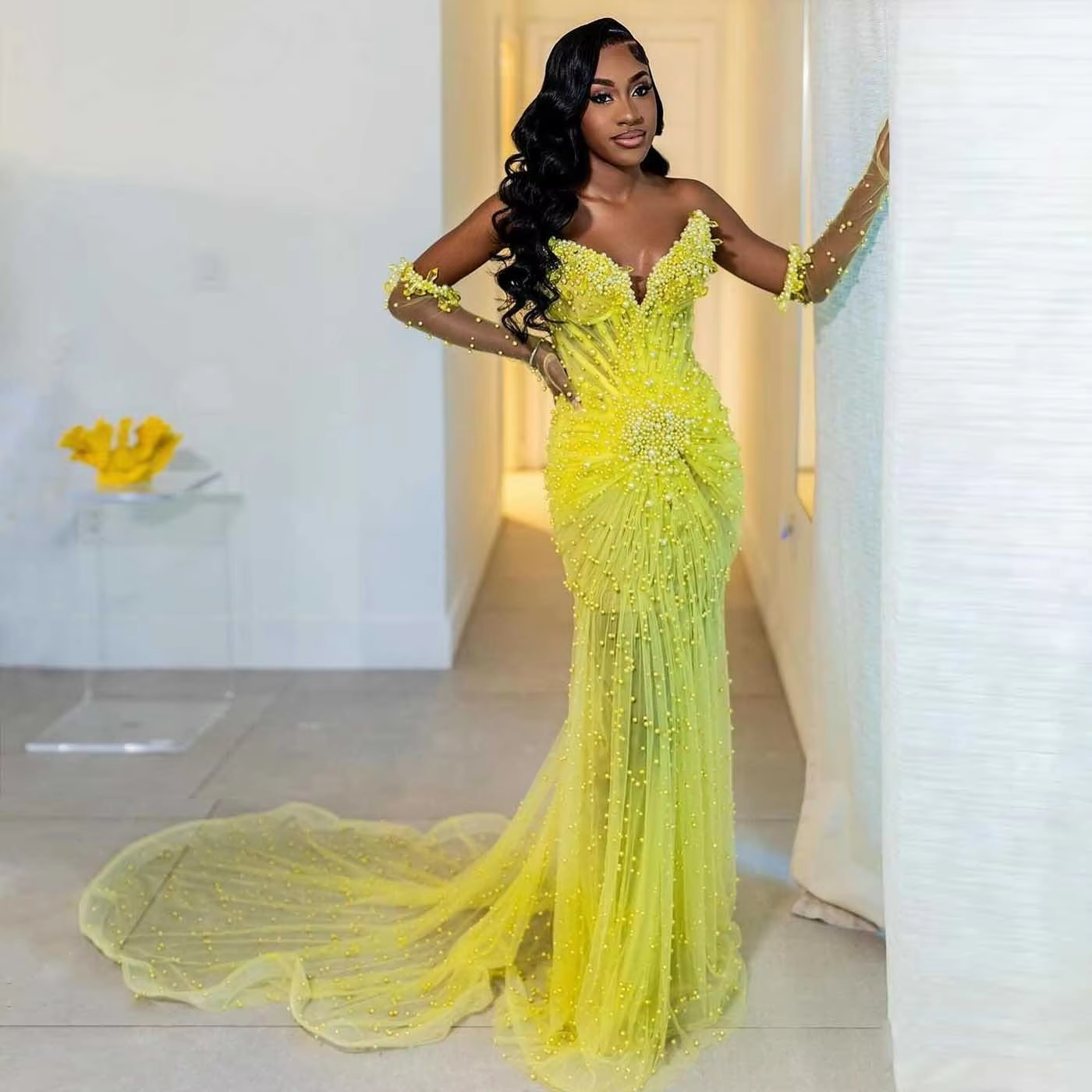 Yellow Luxury Pearls Prom Dresses With Detachable Sleeves Gloves Black Girls V Neck Formal Evening Dress Long Party Dress fg6962
