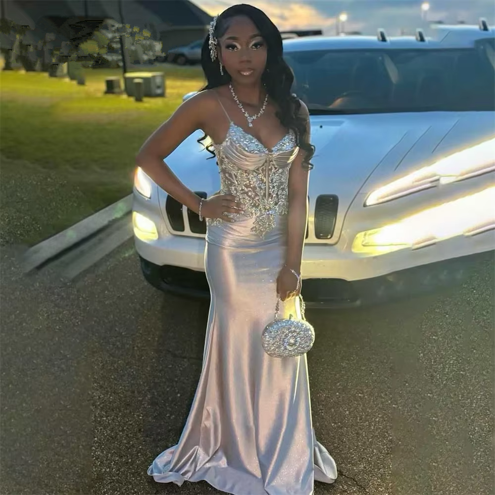Satin Evening Dress, Silver Prom Dresses, V Neck Mermaid Spaghetti Straps Floor Length Dress fg6965