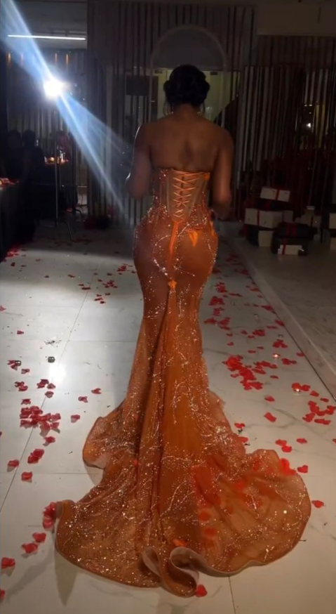 Gorgeous Orange Beaded Applique Mermaid Evening Dress Long Prom Dress fg6981