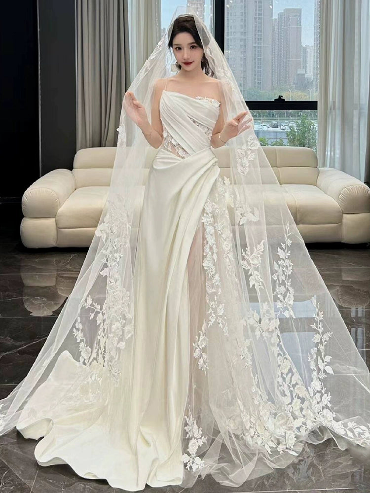 White Tulle Lace Long Wedding Dress Princess Bridal Gown fg7388