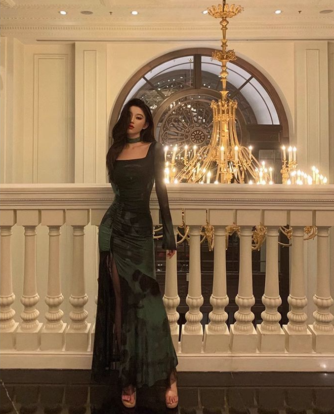 Chic Sheath Square Neckline Long Sleeves Green Long Prom Dresses Birthday Dress fg7033