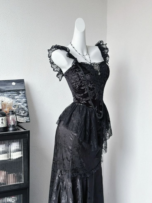 Vintage Black Satin Lace Long Party Dress Evening Dress fg8337