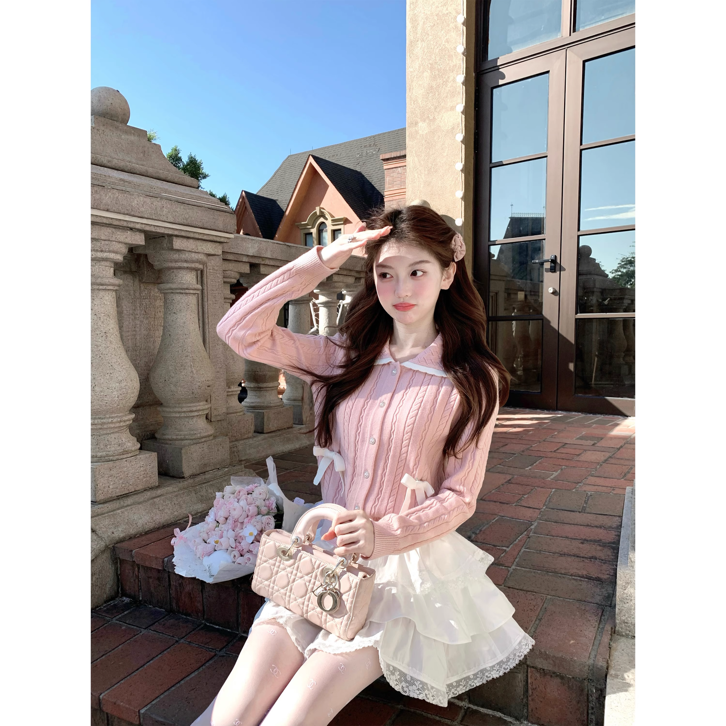 Sweet pink knitted cardigan coat winter sweater A18