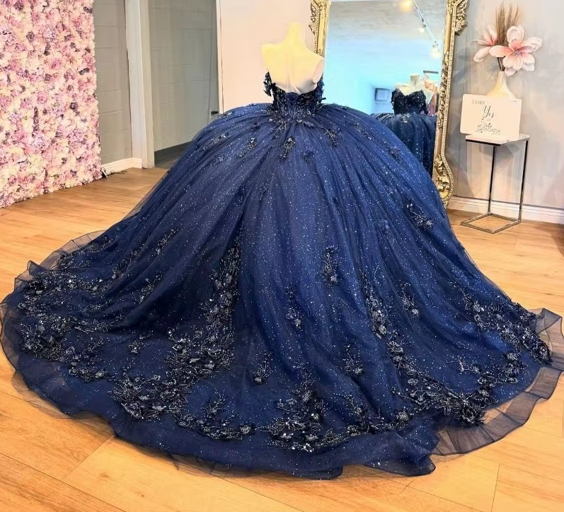 Mexico Navy Quinceanera Dress Ball Gown Floral Appliques Beaded Crystal Corset Sweet 16 Vestido De 15 Anos fg6839