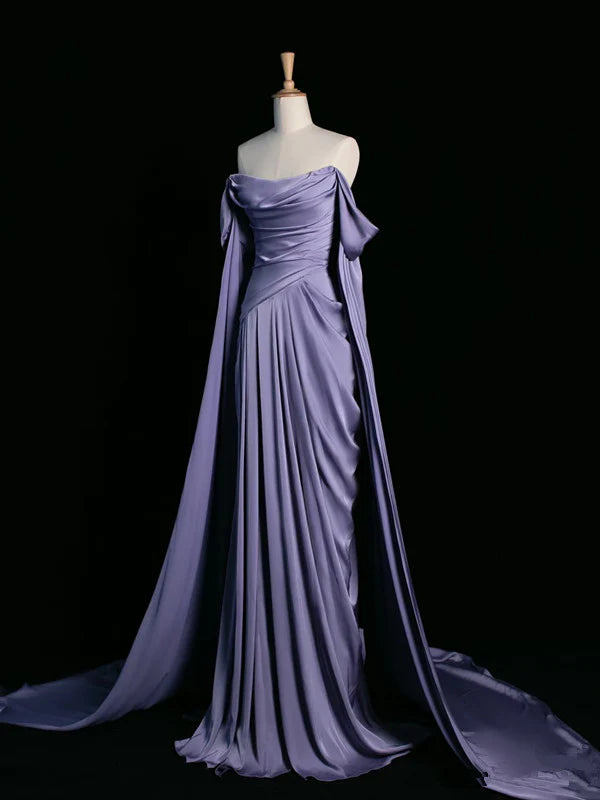 Elegant Purple Satin Prom Dress, Draped Bodice Formal Party Dress fg3961
