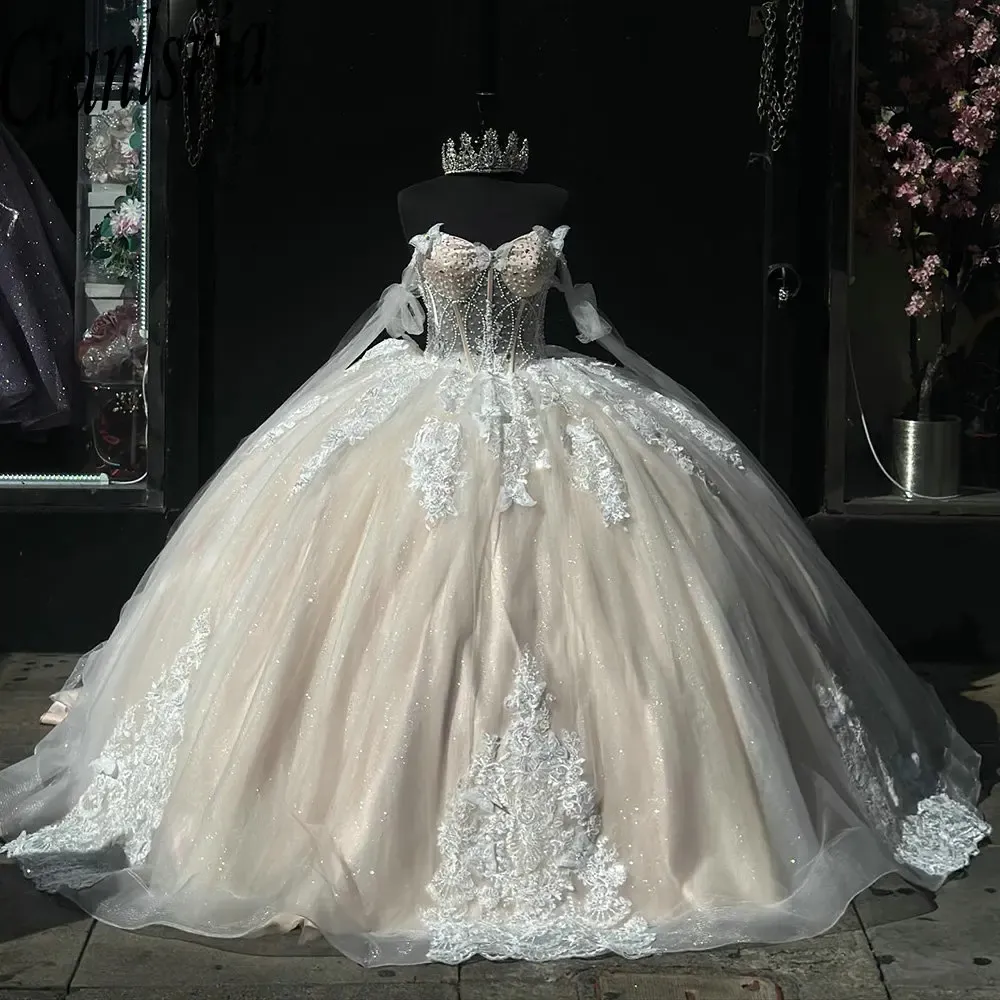 Shimmering Champagne Beaded Pearls Illusion Ball Gown Quinceanera Dress fg6836