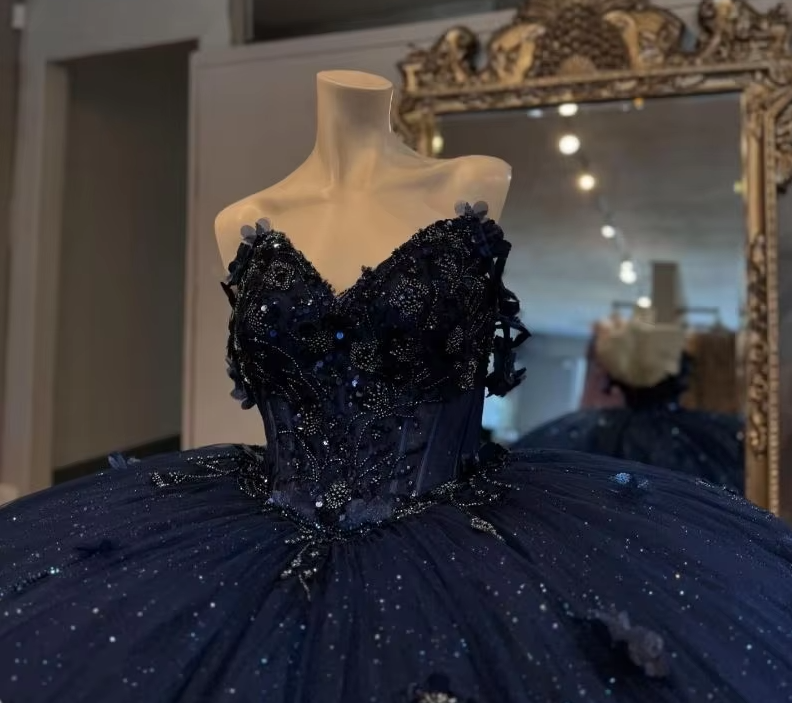 Mexico Navy Quinceanera Dress Ball Gown Floral Appliques Beaded Crystal Corset Sweet 16 Vestido De 15 Anos fg6839