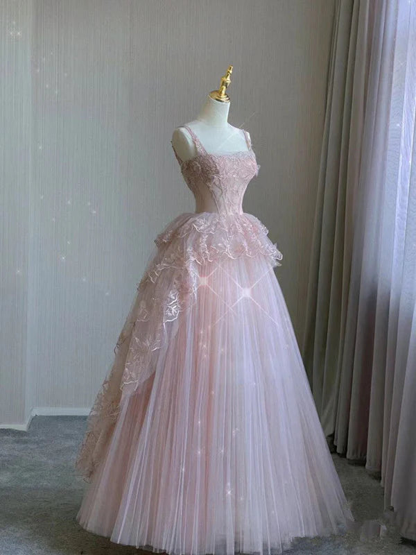 Pink tulle lace long prom dress, pink evening dress fg3281