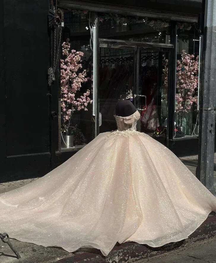 Shimmering Champagne Princess Quinceanera Dress with Off-the-Shoulder Glitter Corset for Sweet 16 Prom fg6833