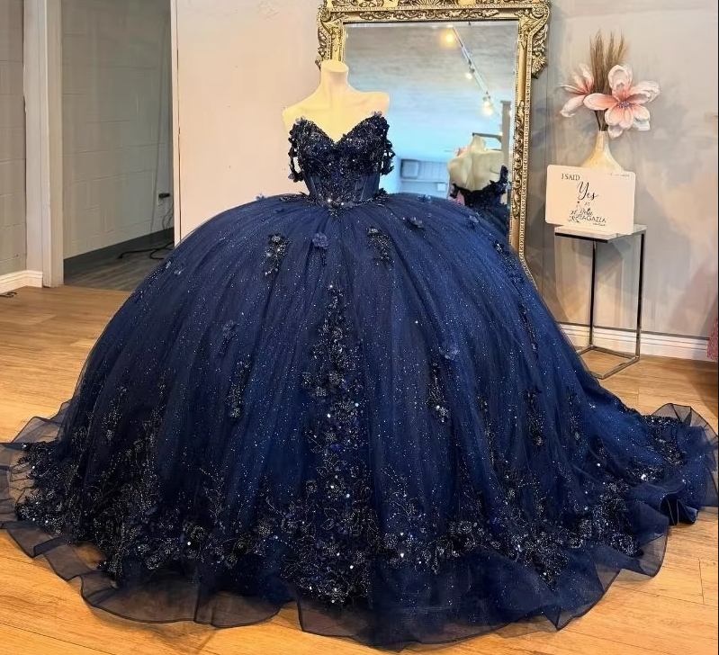Mexico Navy Quinceanera Dress Ball Gown Floral Appliques Beaded Crystal Corset Sweet 16 Vestido De 15 Anos fg6839