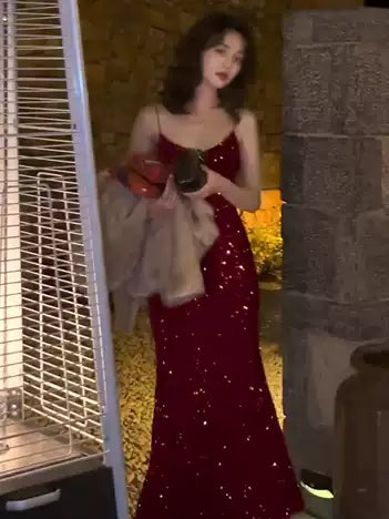 Sexy Mermaid Red Sequin Evening Dresses fg4873