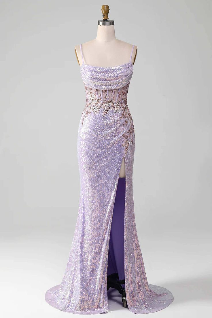 Women Spaghetti Straps Purple Prom Dress, Mermaid Evening Gown with Slit, Handmade Sparkle Party Dress, Custom Formal Evening Dress fg5034