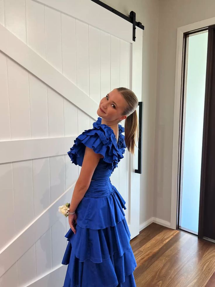 Elegant Blue Evening Dress, Tiered Prom Outfit fg5424