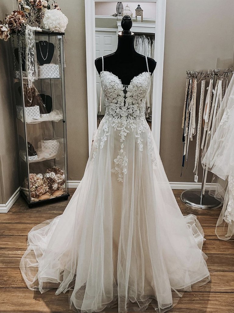 A-line v Neck White Lace Wedding Dresses, V Neck White Lace Formal Prom Dresses fg4485