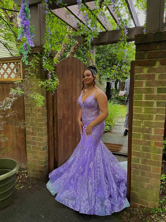 Purple Prom Dresses Mermaid Lace Long Formal Dresses fg5270