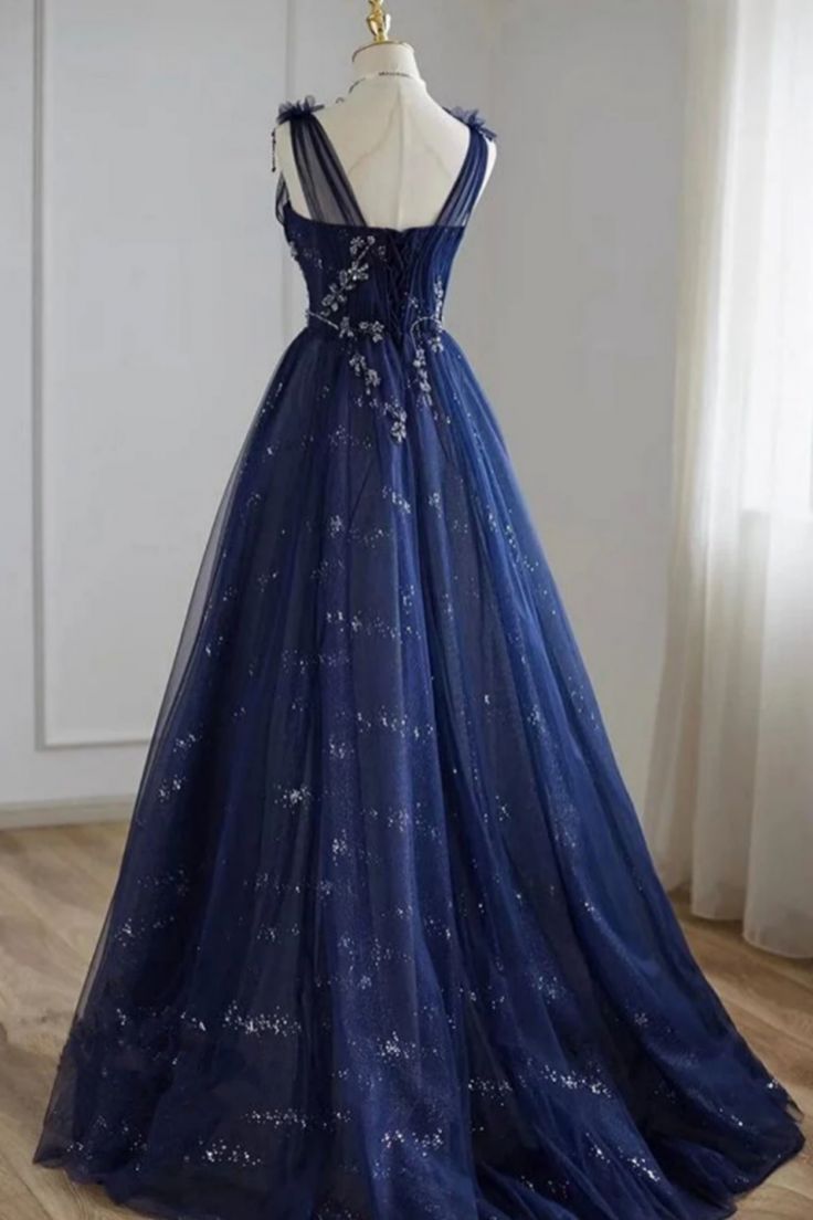 A Line Navy blue Tulle Beaded V Neckline Party Dress, Navy Blue Shiny Tulle Prom Dress fg5369