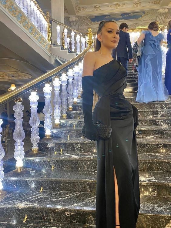 Sexy Mermaid One Shoulder Long Black Slit Prom Dress fg5390