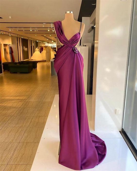 Designer Purple Prom Dresses Beaded Crystals Ruched Pleats Satin Spaghetti Straps Formal Evening Gown Party Wear fg5191