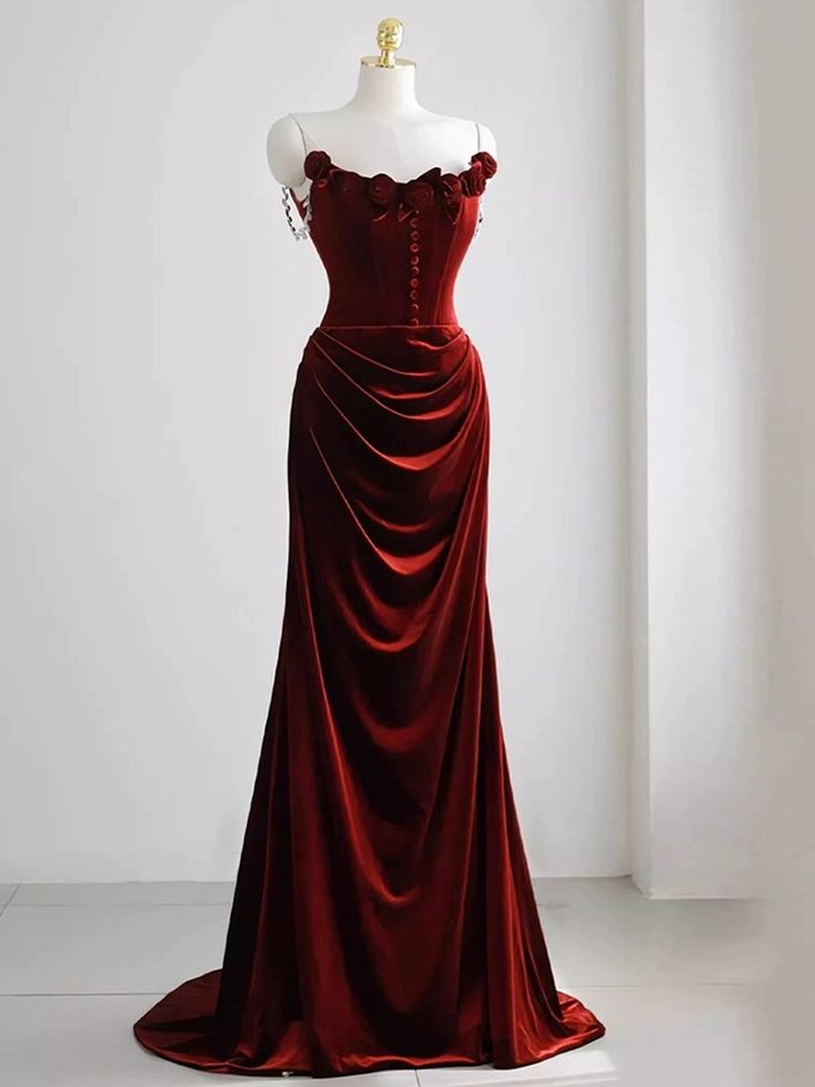 Red velvet evening dress, floral prom dress, chic mermaid dress,custom made fg4923