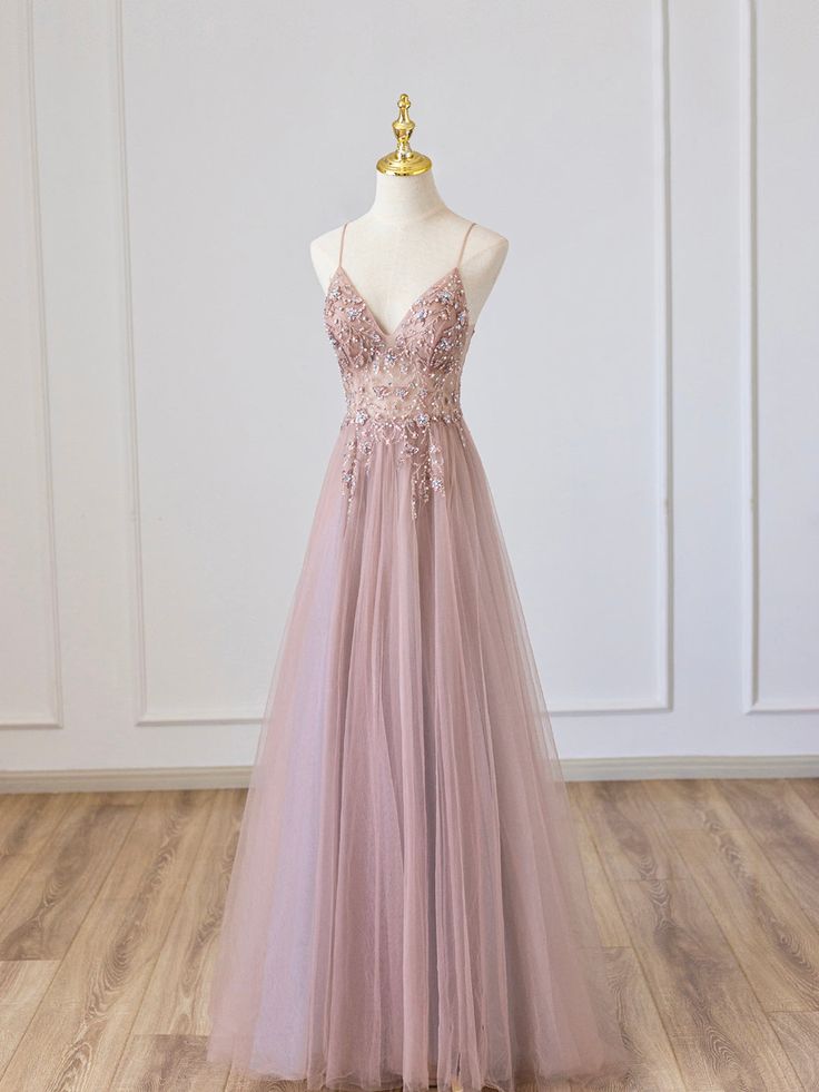 Pink V-Neck Tulle Long Prom Dress with Beaded, Pink Spaghetti Strap Evening Dress fg5180