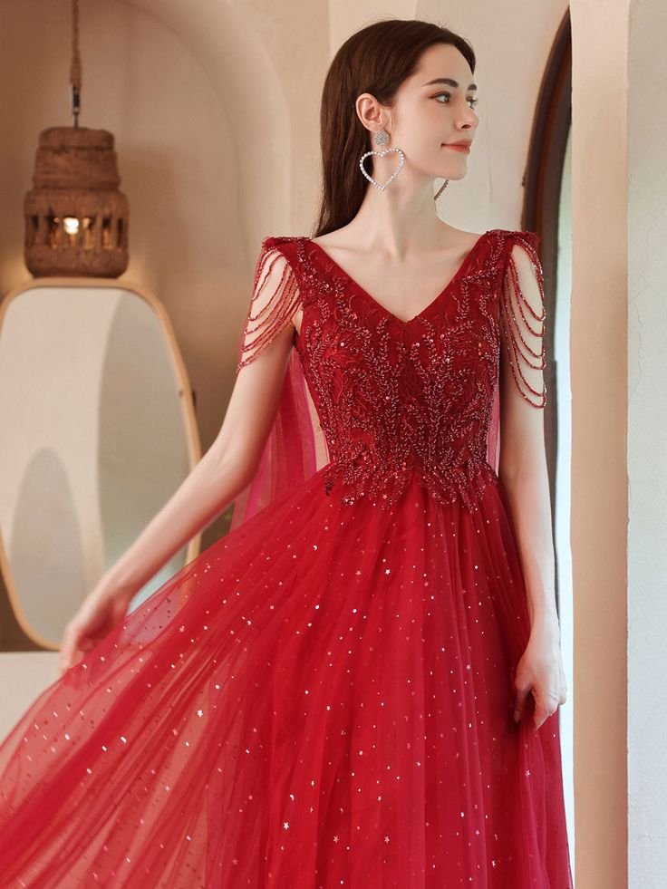 V Neck Tulle Lace Beads Long Prom Dress, Evening Dress fg5210