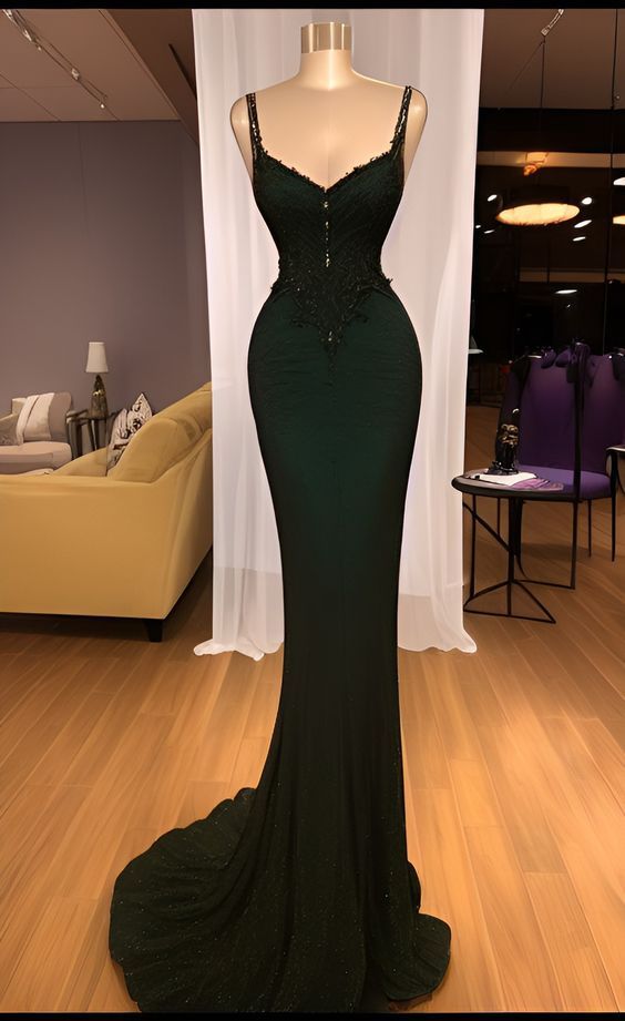 Sparkly Mermaid Spaghetti Straps Sleeveless Sequin Dark Green Prom Dresses Long Prom Dress fg5119
