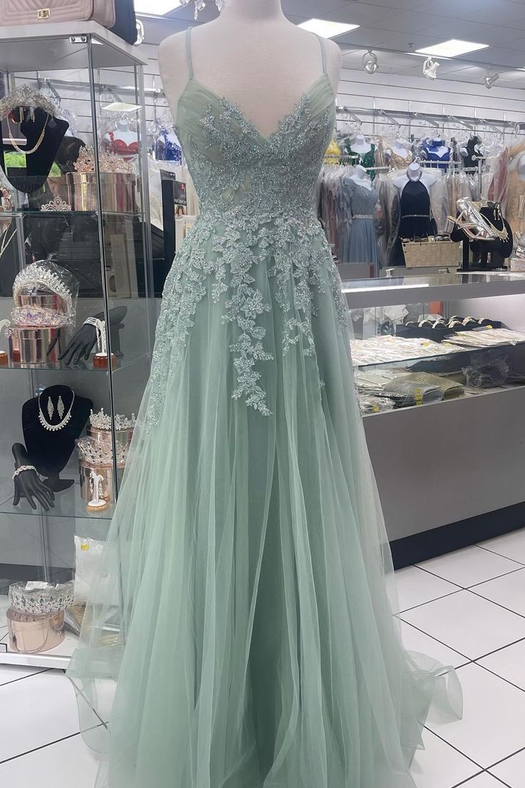 Straps Appliques Tulle Long Formal Dress Long Prom Dress fg5015