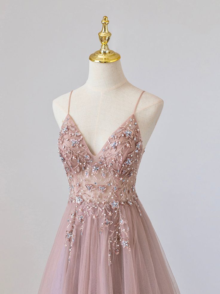 Pink V-Neck Tulle Long Prom Dress with Beaded, Pink Spaghetti Strap Evening Dress fg5180
