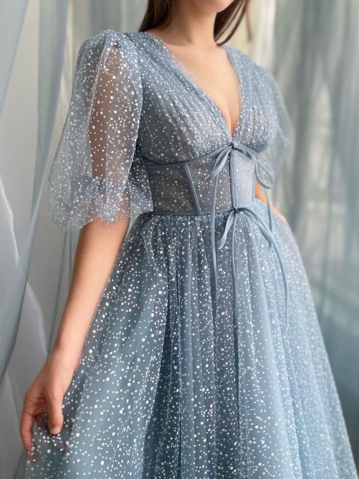 A line Tea Length Gray Blue Prom Dress, Gray Blue Formal Wedding Party Dress fg5298