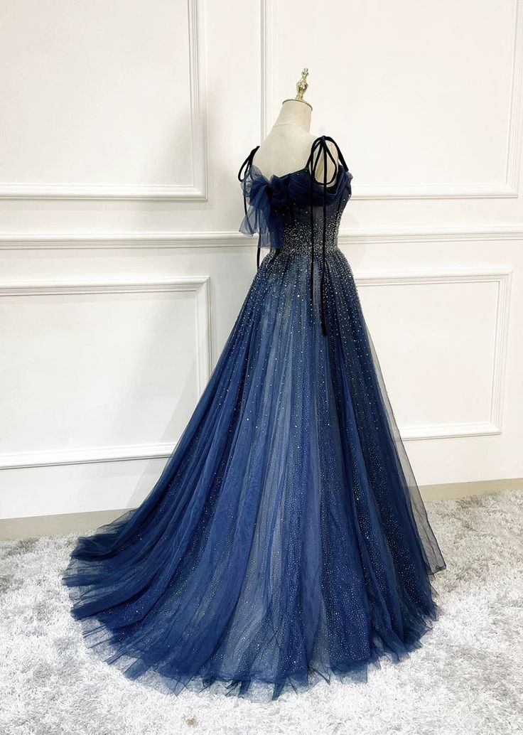Shiny Navy Blue Tulle Straps Long Prom Dresses Party Dresses, A-line Beaded Prom Dresses fg5018