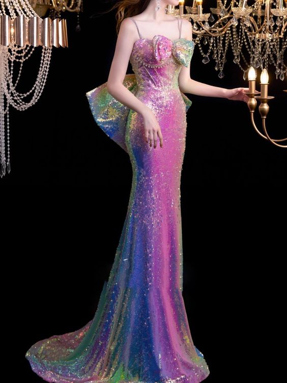 Women's Glitter Mermaid Prom Dresses, Spaghetti Strap Bow, Pearls Ribbon, Long Sexy Shiny Formal Occasion Dress fg4614