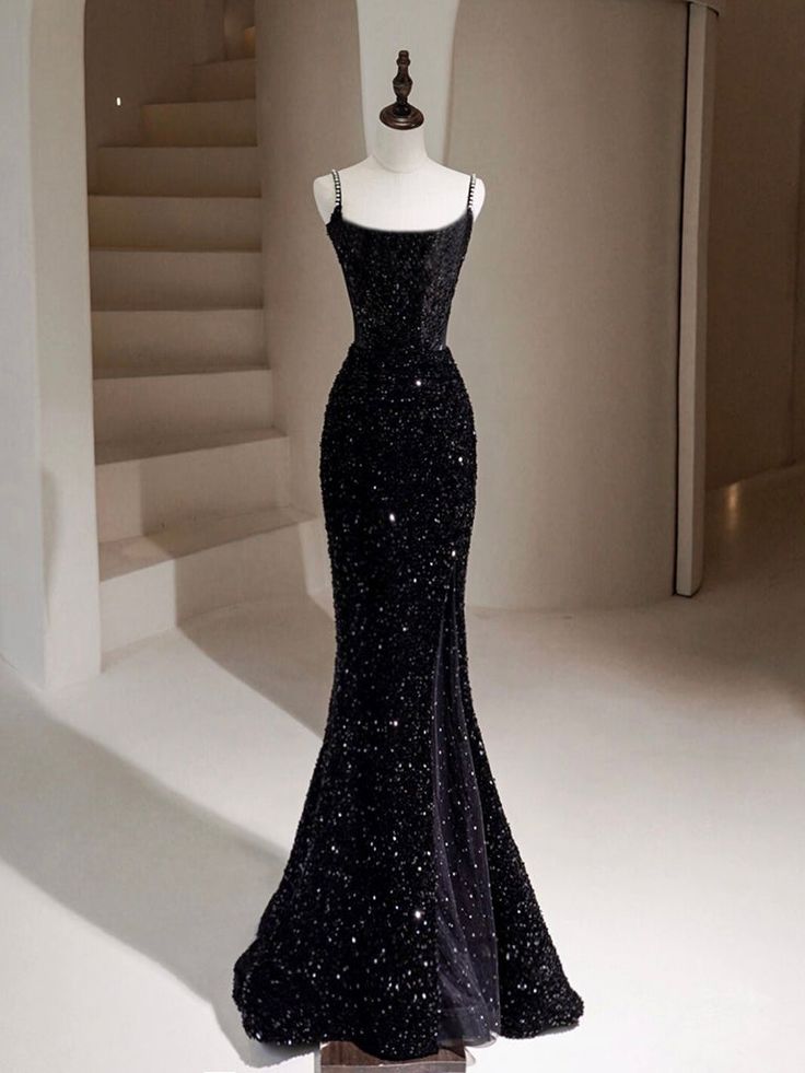 Black Mermaid Sequin Long Prom Dress, Black Formal Dress fg5019